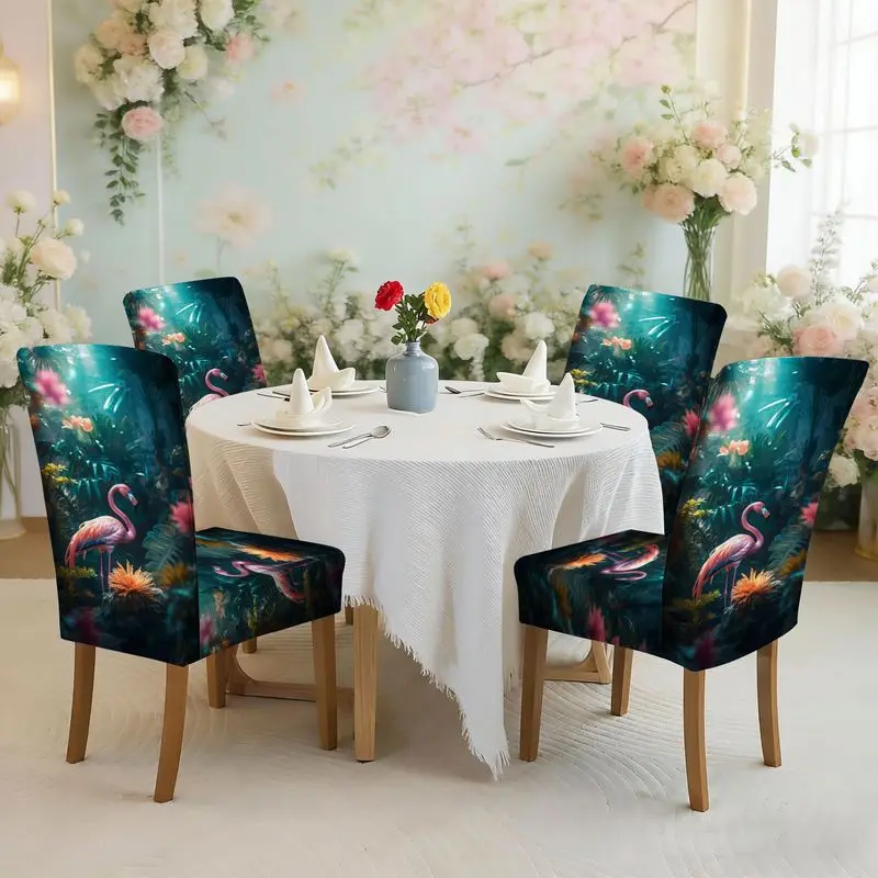 Flat print stretch dining chair set, pink flamingo station tropical jungle dream pattern, chair cover