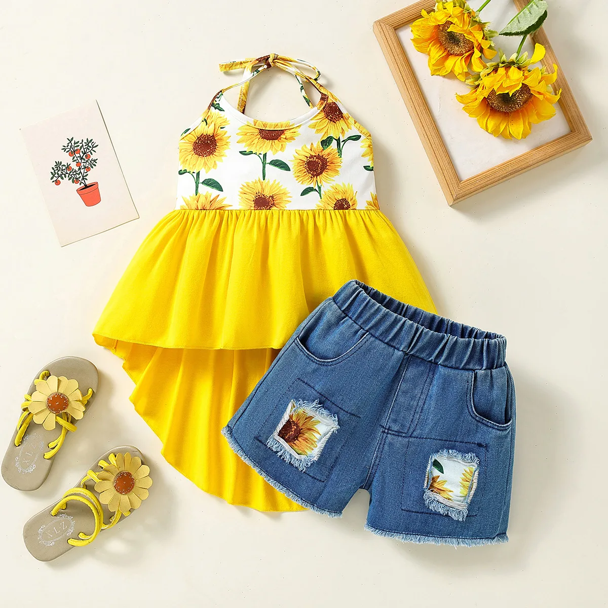 

2Piece Sets Summer Little Girl Clothes Fashion Flowers Print Sleeveless Baby Tops+Denim Shorts Boutique Kids Clothing BC2448