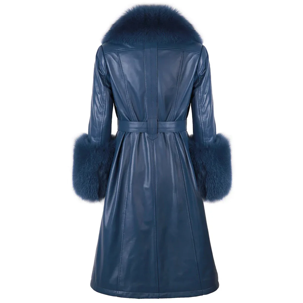 Denny&Dora Yale Blue Plus Size Coat Women Real Fox Fur Collar Long Genuine Leather Coat Trench