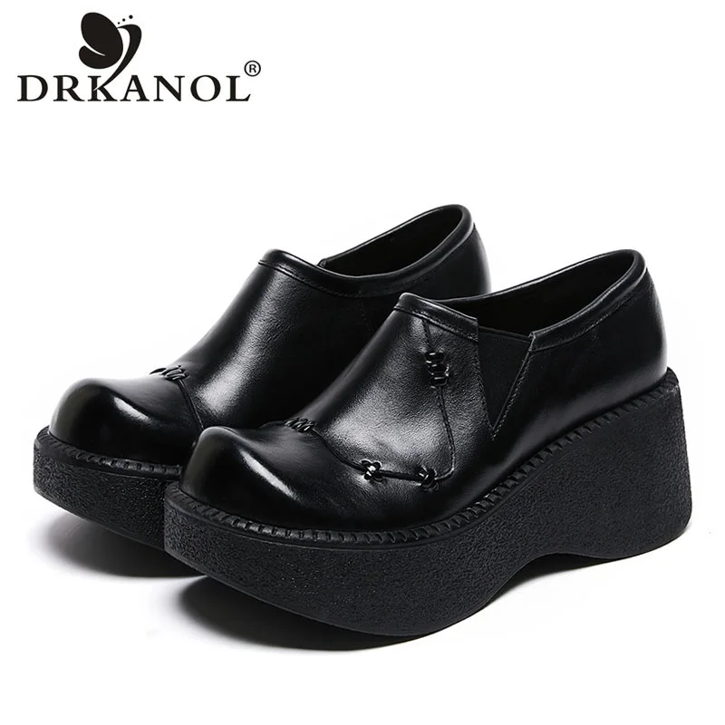 DRKANOL Handmade Wedges Heel Shoes Women Wide Head Design Genuine Leather Slip On Loafers Comfort Versatile Casual Lady Shoes