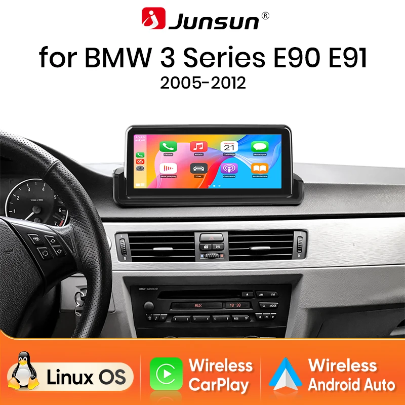 Reproductor multimedia Junsun con sistema Linux, Carplay inalámbrico, Android Auto, radio para coche, para BMW Serie 3 E90 E91 E92 E93 2005-2012, pantalla táctil IPS, Bluetooth, navegación GPS en línea, Mirror Link