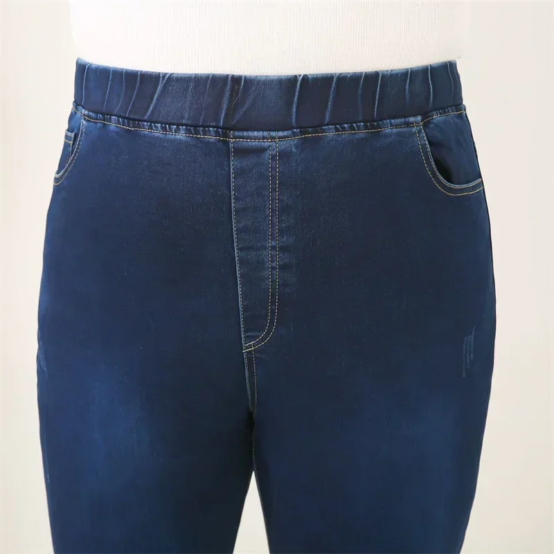 Pensil Jeans wanita elastis pinggang tinggi hitam ukuran besar 8XL 9XL musim semi musim gugur celana Denim 7XL wanita biru tua celana besar