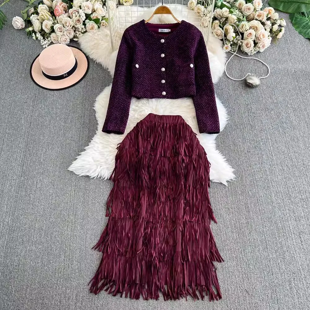 High Quality Women Winter Autumn 2 Piece Set Tweed Short Jacket Coat Fashion Vitnage+Tassel Elastic Waist Skirts Sets