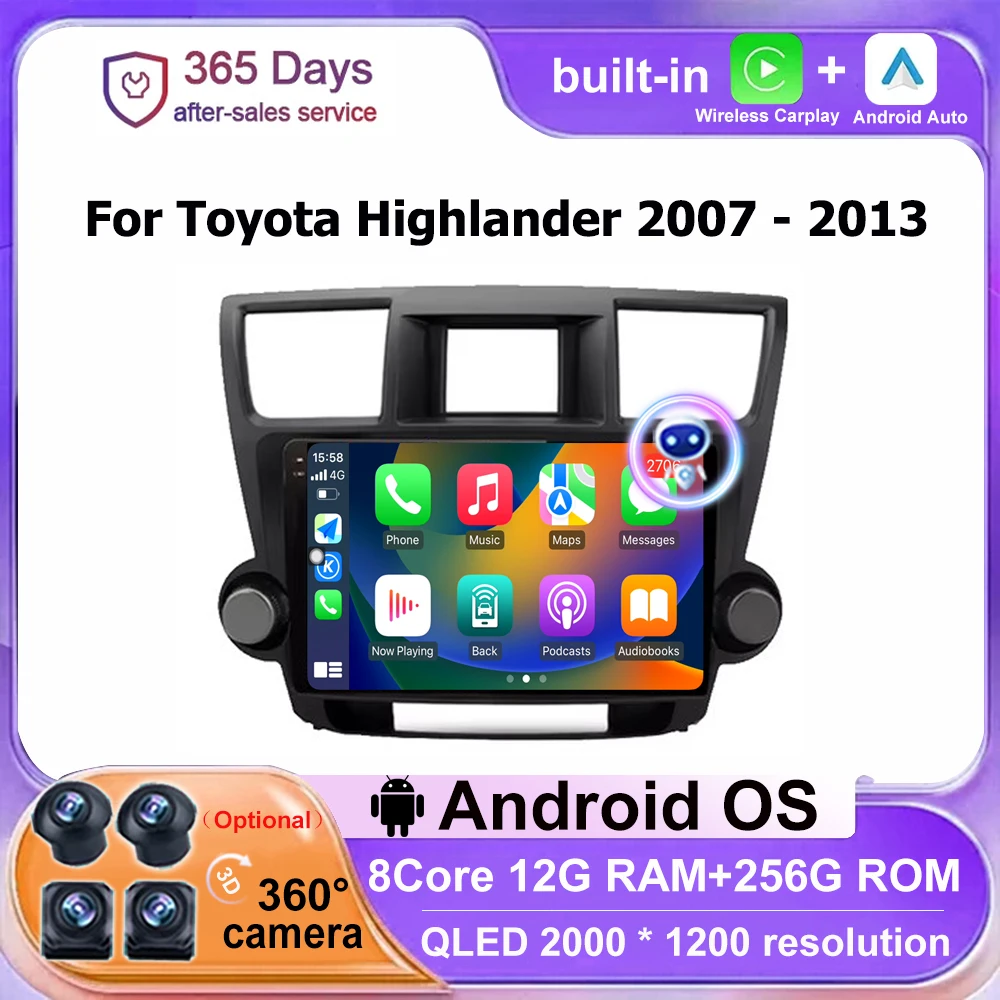 9'' Android Auto Radio For Toyota Highlander 2007 - 2013 Wireless CarPlay 4G Wifi Car Multimedia GPS Fan No 2Din Touch Screen