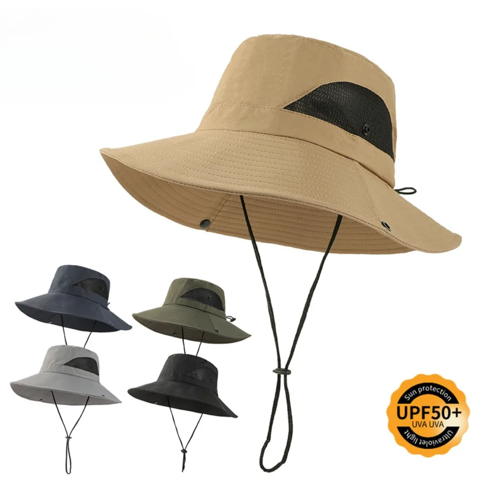 

Summer Men Bucket Hats Outdoor UV Protection Wide Brim Panama Safari Hunting Hiking Cap Mesh Fisherman Hat Beach Sunscreen Caps