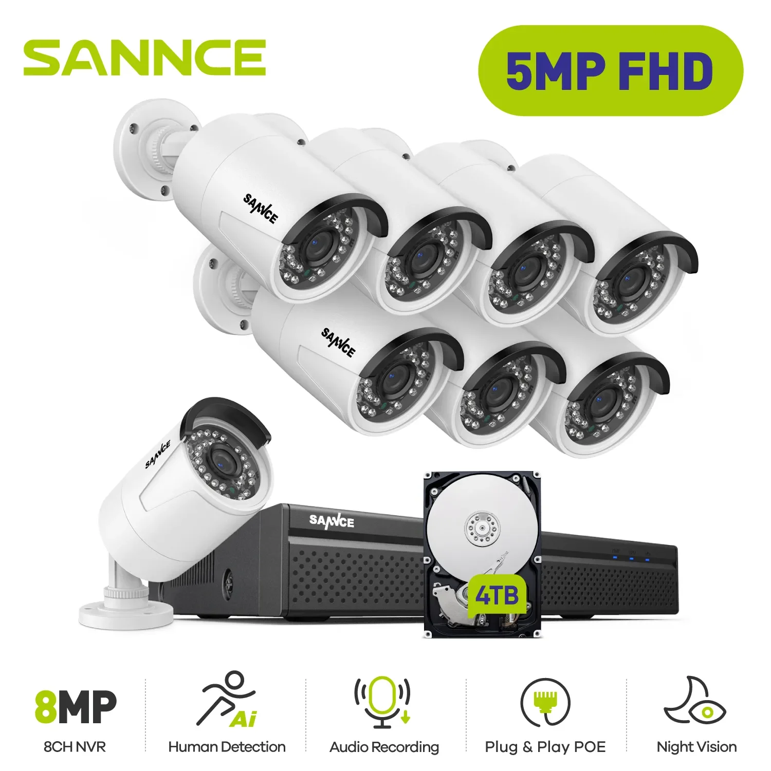 SANNCE 5MP 8CH CCTV Video Security Outdoor Night vision Waterproof IP Camera Control Surveillance System POE H.264+ 8CH NVR Kit