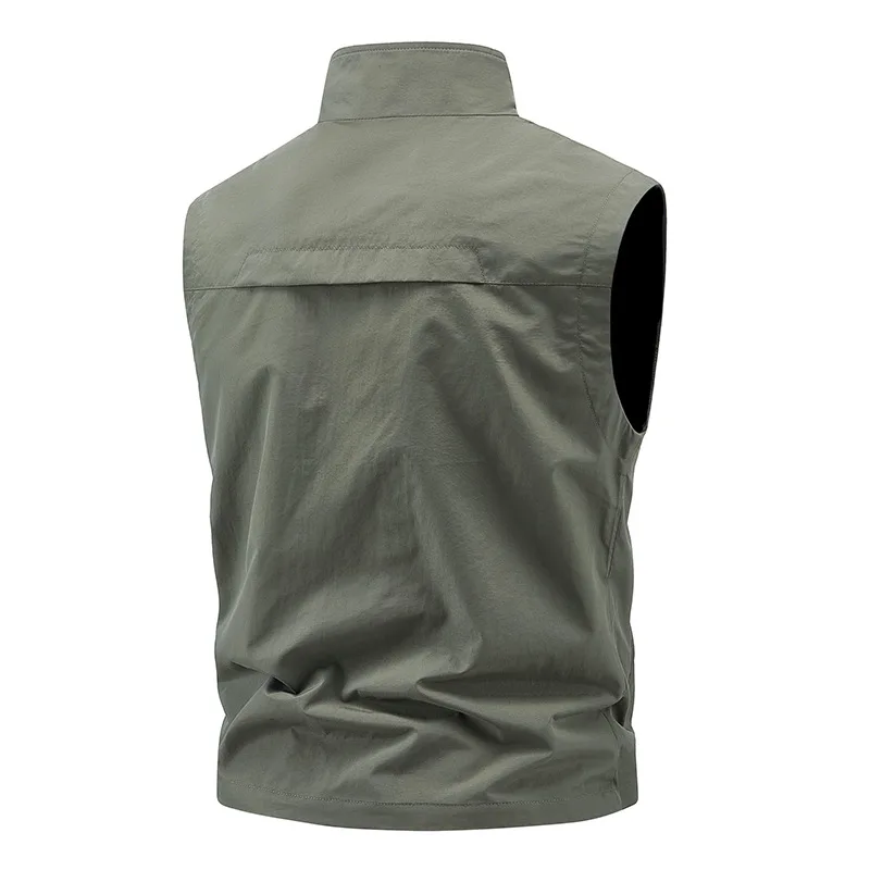 Plus Size Sleeveless Vest Men's Summer Loose Multi Zipper Pocket Fishing Waistcoat Casual Stand Collar Retro Hunting Jacket