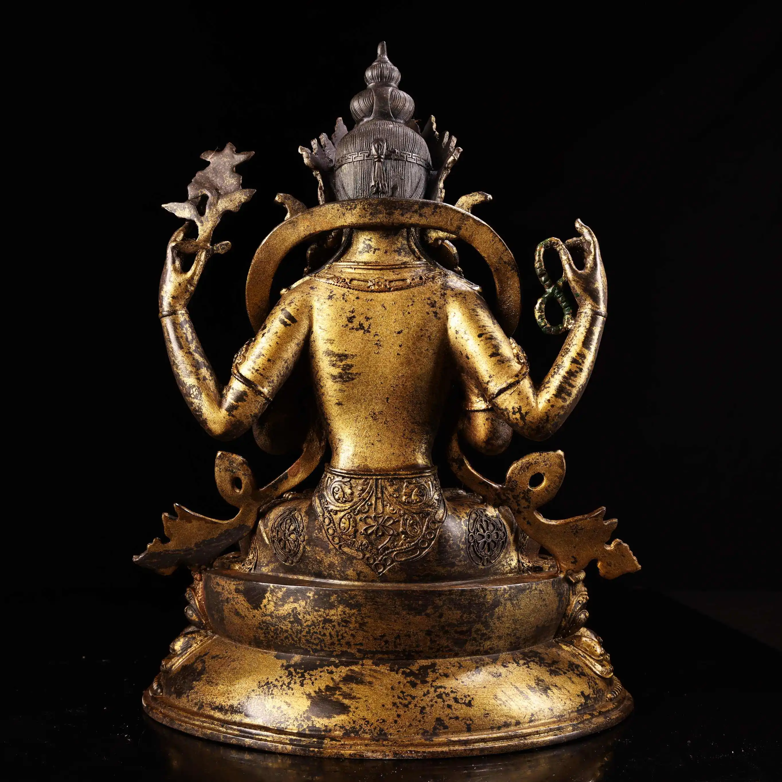 Tibetan Four Armed Avalokiteshvara Copper Statue Gilt Base Home Decor Collectible