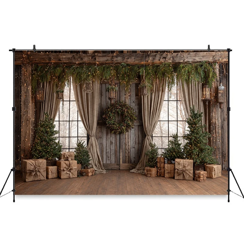 Mocsicka クリスマス写真背景 家族休暇 新年パーティー ツリー 木製ドア 壁装飾 子供写真背景幕 バナー