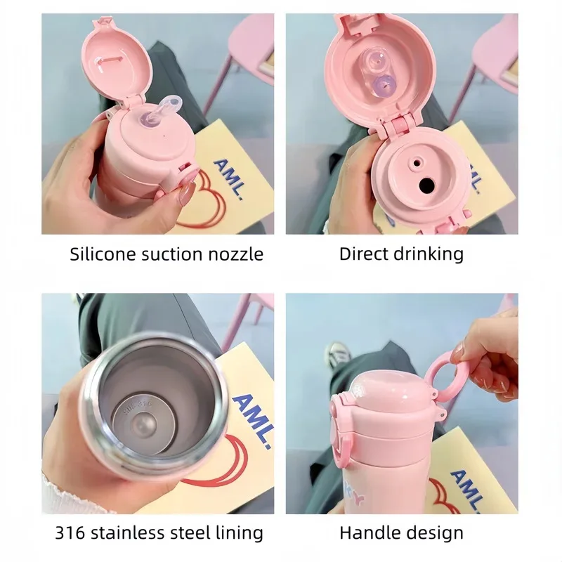 500ml kids stainless steel insulated water bottle, vacuum thermos mug for school, leakproof hot cold drink cup view 5