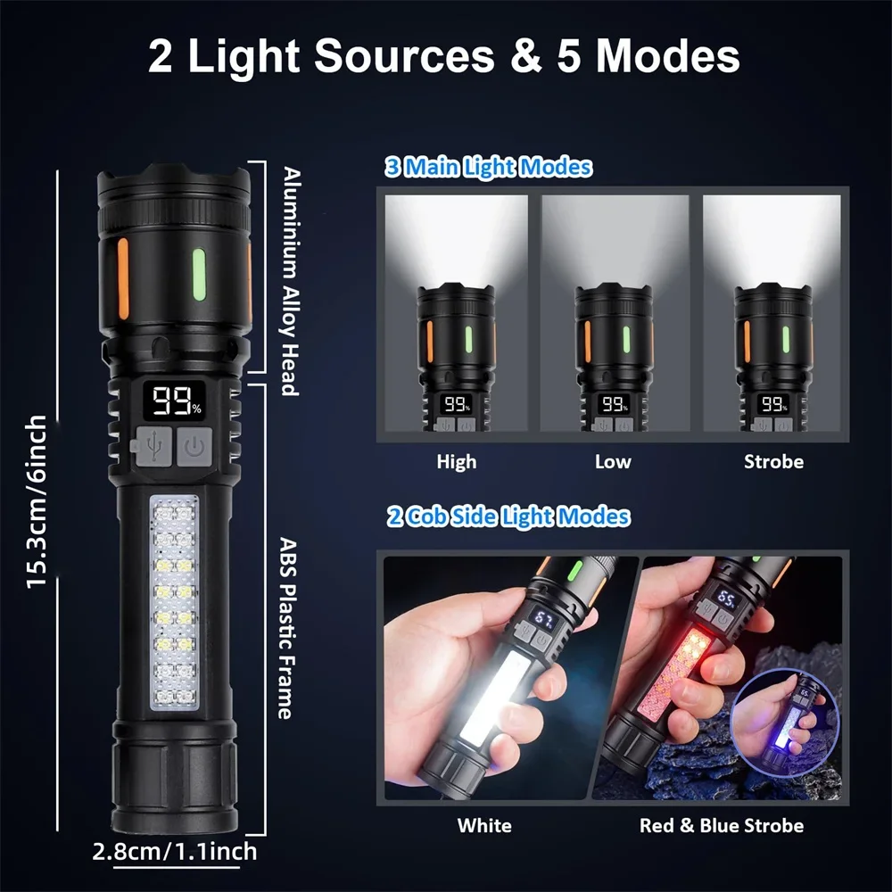 Most Powerful LED Flashlight Type-C USB Rechargeable Flashlights Zoomable Torch with Red/Blue Warning Lights Fluorescent Strip