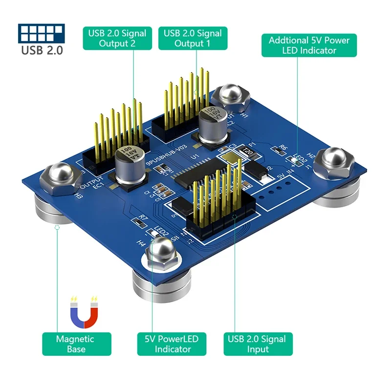 NEW USB2.0 9 Pin to Dual 9Pin Splitter Motherboard 9Pin 1 to 2 Header 4Port USB 2.0 Hub with Power LED Magnetic Base For Desktop