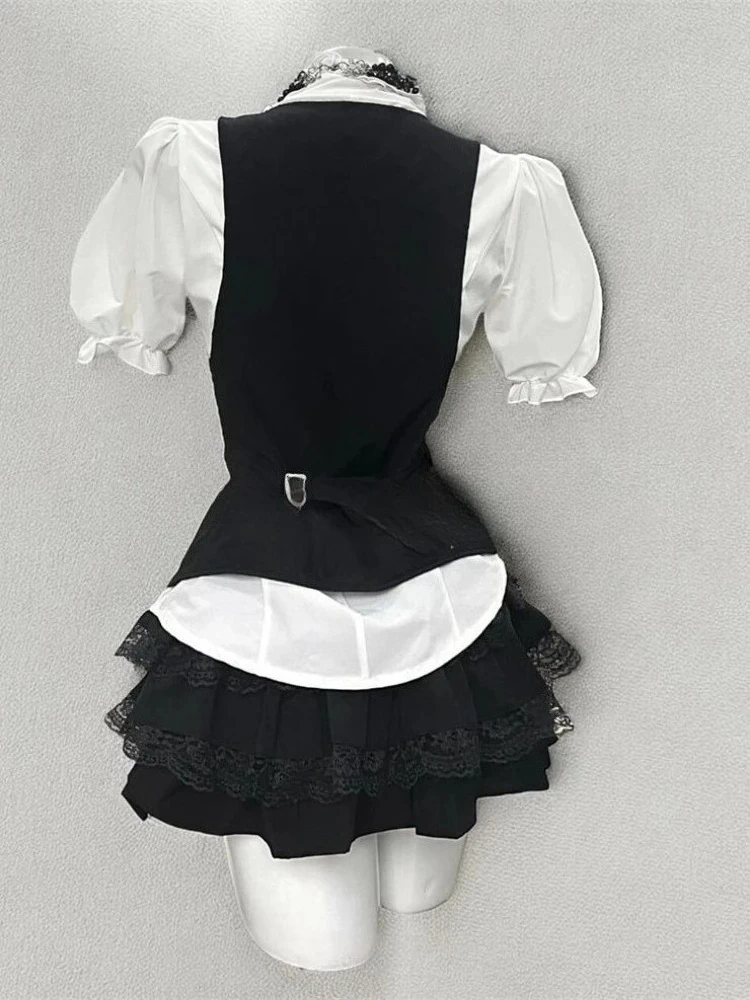 New Gothic Retro Women 3 Piece Set Bubble Sleeve Shirt + Slim Vest + Mini Cake Skirt Harajuku Elegant Female Vintage Chic Outfit