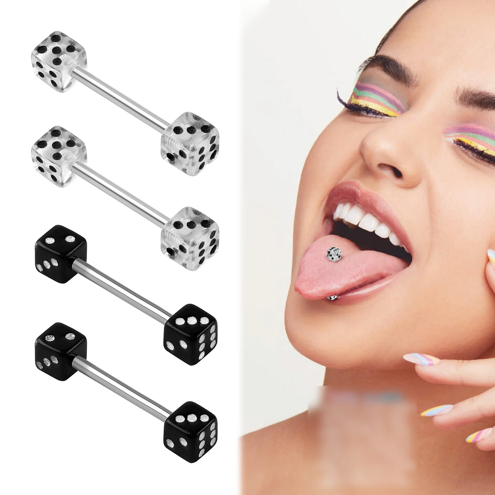 1pc 316l Steel Piercing Double Dice Nail Tongue Ring Black White Punk Body Piercing Jewelry