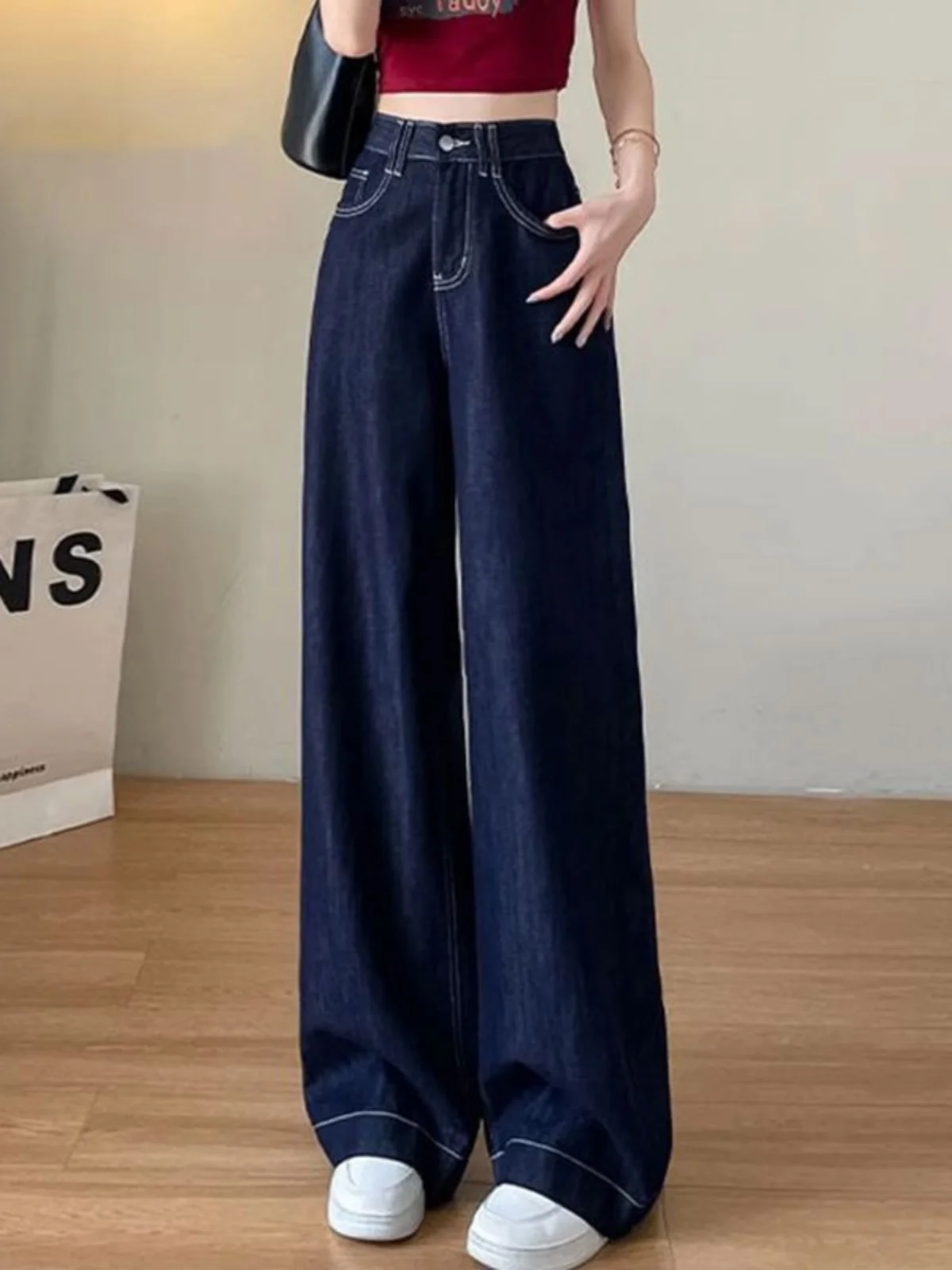

High Waist Wide Leg Denim Blue Jeans Women's Floor-Length Drapey Casual Loose-Fitting Straight Leg Trousers