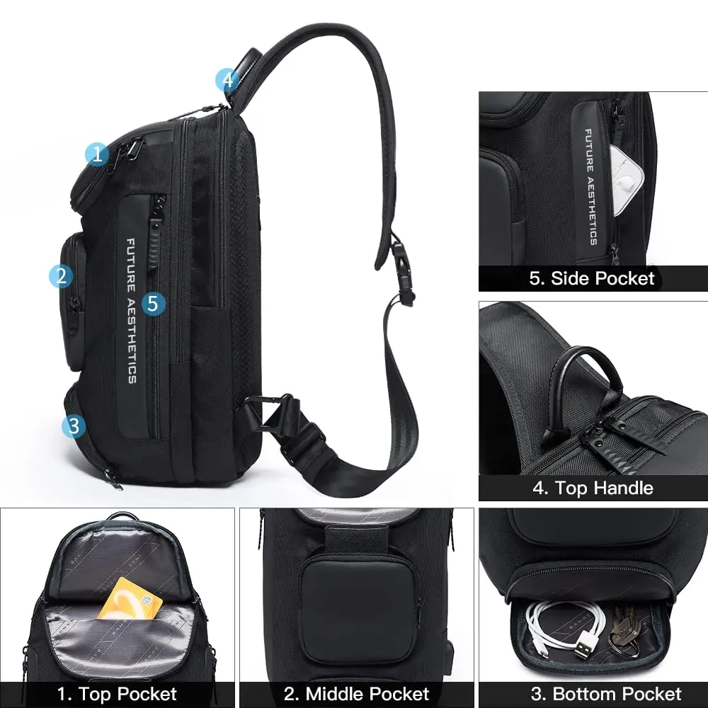 BANGE Men\'s Anti-theft Chest Bag Shoulder Strap USB Rechargeable Crossbody School Gym Pack, Men Sports Waterproof Shoulder Bag