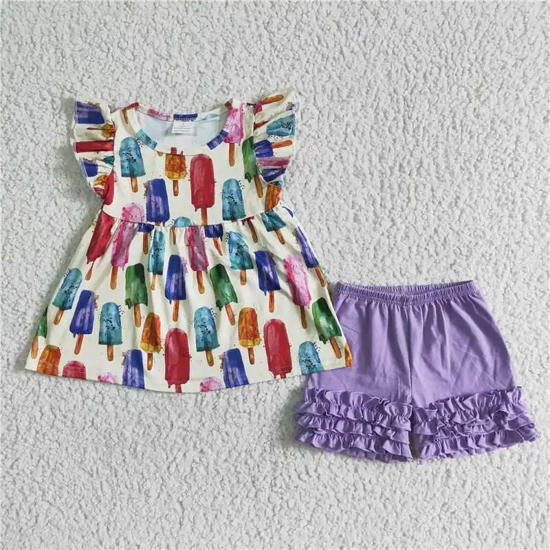 

2022 RTS Boutique Toddler Girls Summer Clothing Ink Popsicle Print Purple Shorts Children's Sets For Daily Wearing Hot selling