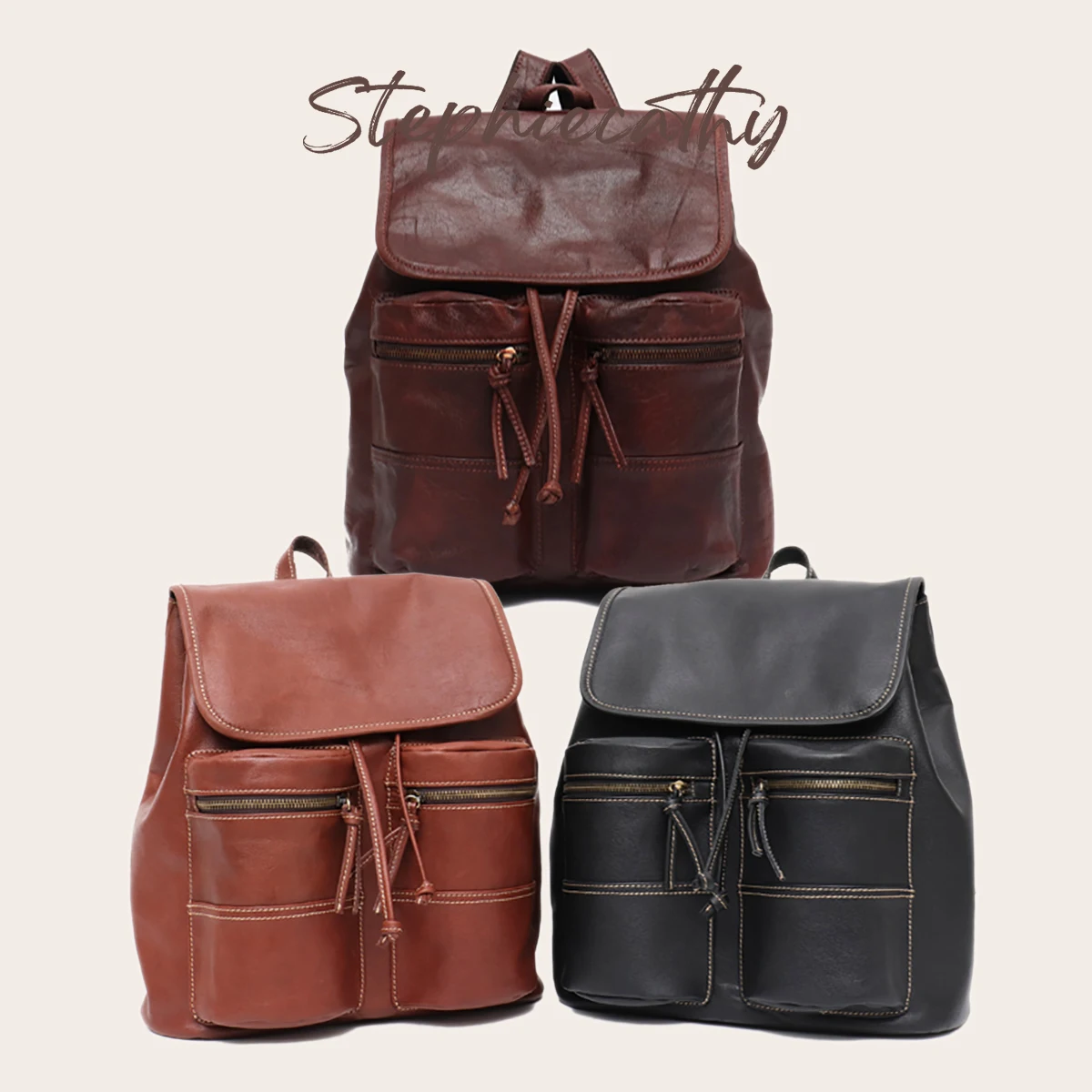SC Women Italian Leather Backpack Vintage Pocket Flap Drawstring Ladies Large Shoulder Bag Female Travel Holiday Leather Knapsac