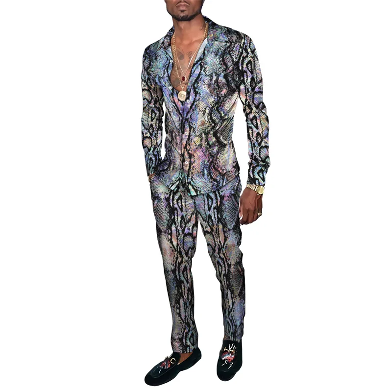 Traje de camisa hawaiana con estampado de leopardo en 3D para hombre, conjunto de 2 piezas a cuadros a rayas, camisa de manga larga transpirable, pantalones largos, trajes de dos piezas