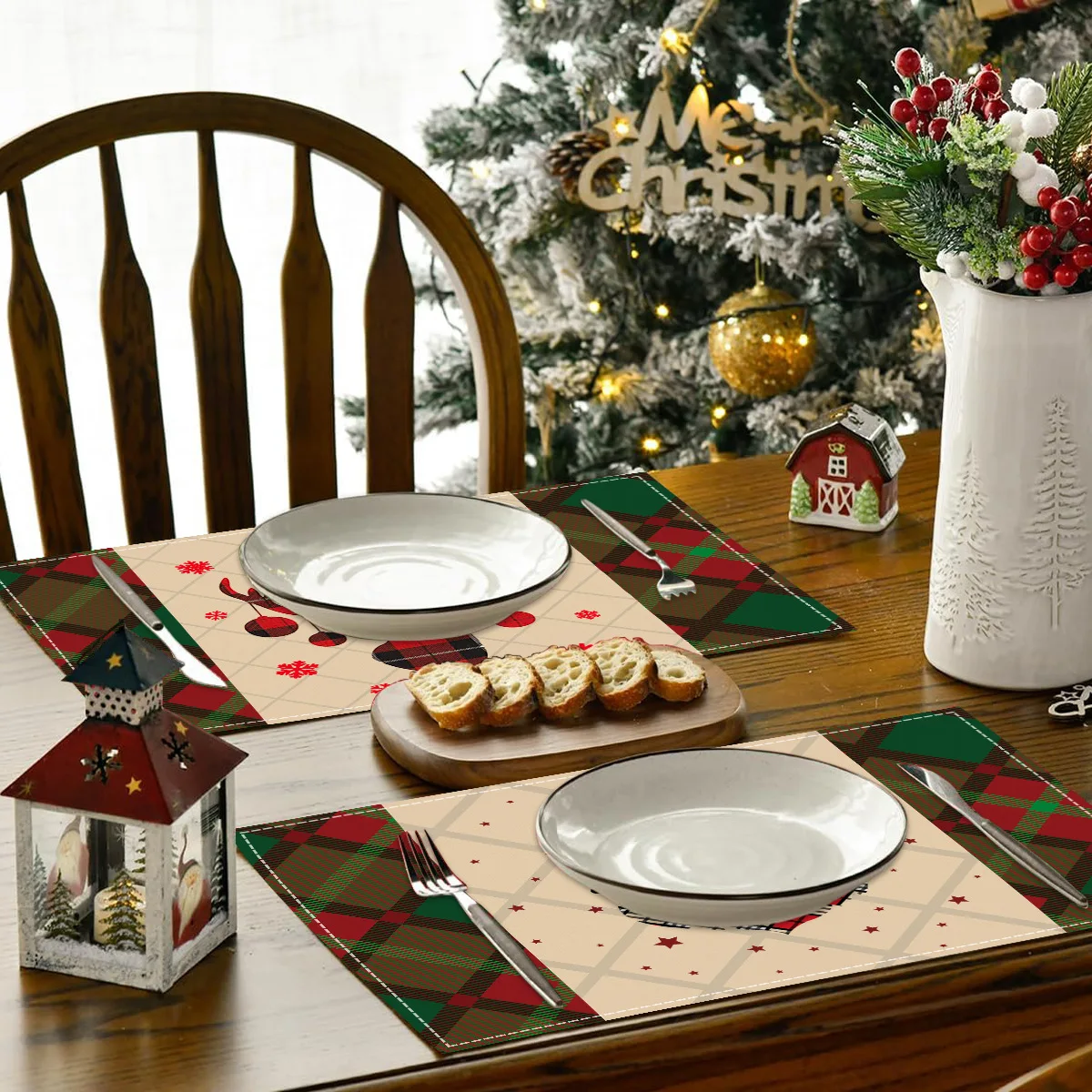 Christmas Placemats Red Green Plaid Table Decor Linen Tableware Mats Reversible Santa Claus for Xmas Home Kitchen Supplies Gift