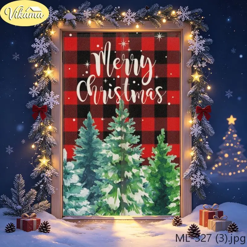 Red Black Plaid Merry Christmas Fabric Door Curtain Hanging Door Cover Winter Holiday Decor for Home Entryway Xmas Front Door