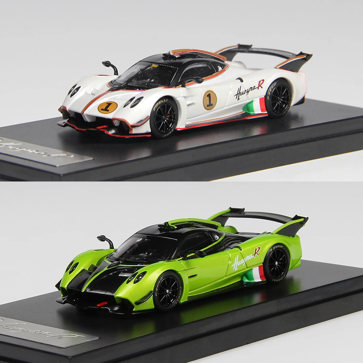 LCD 1:64 Supercar Limited Edition green Pagani Huayra R Pearl white alloy car model display