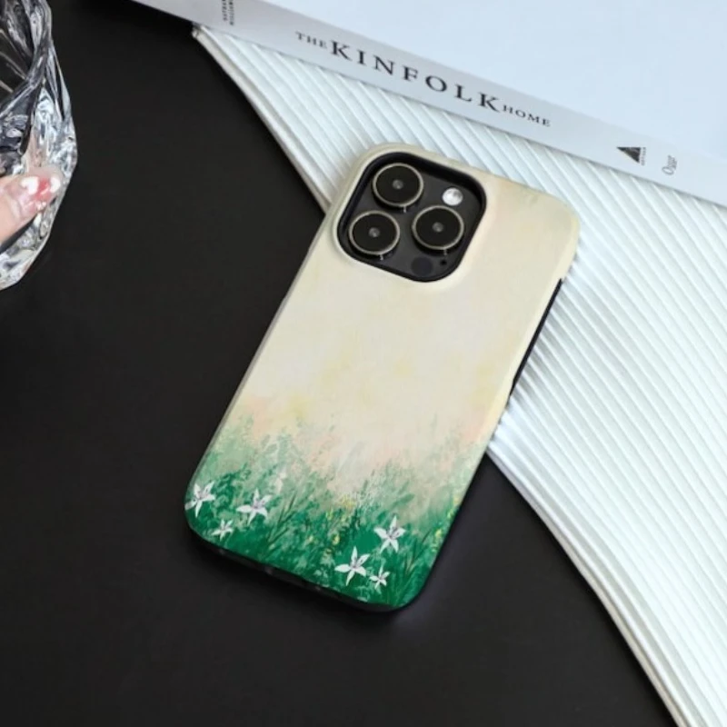 حافظة هاتف مغناطيسية لهاتف آيفون 17 16 15 14 13 12 11 16e Air PRO Plus مطبوعة بالعشب الأخضر غطاء مقاوم للصدمات من الأكريليك الصلب #1