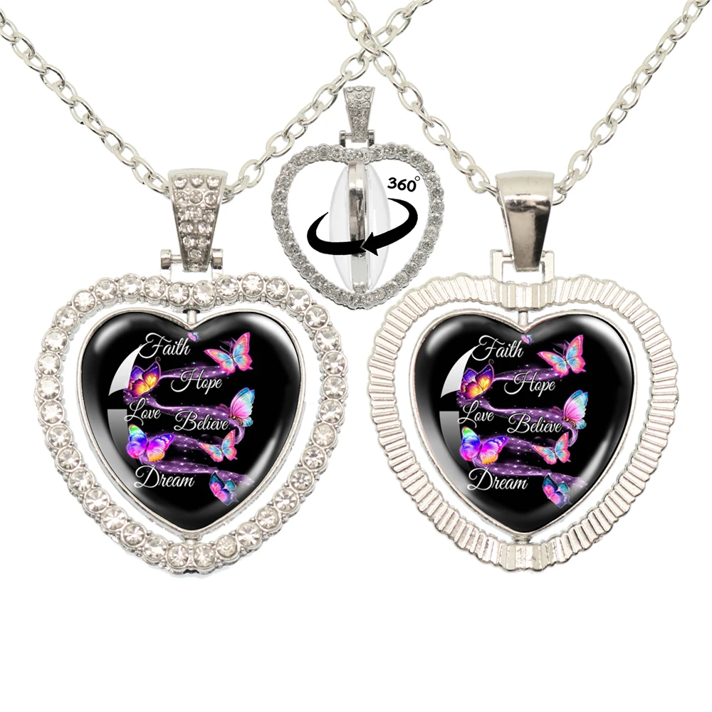 Hot Magic Butterfly Heart Pendant Double Sided Rhinestone Necklace 360 Degree Rotation For Ladies As a Gift Jewelry