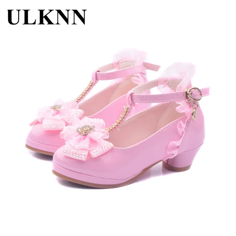 ULKNN Children Party Leather Shoes Girls PU Low Heel Lace Flower Kids Shoes For Girls Single Shoes Dance Dress shoe White Pink