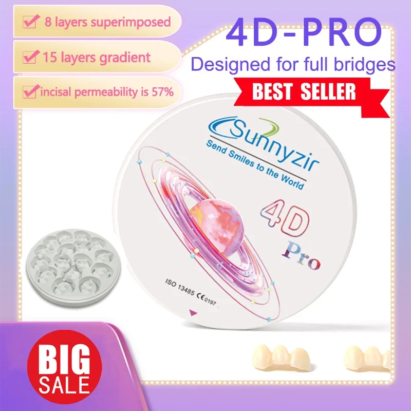 Sunnyzir 4D Pro Multilayer Zirconia Blocks  98mm Discs Zirconium Blank High Translucence 43%-57% for Dental Lab Cad Cam