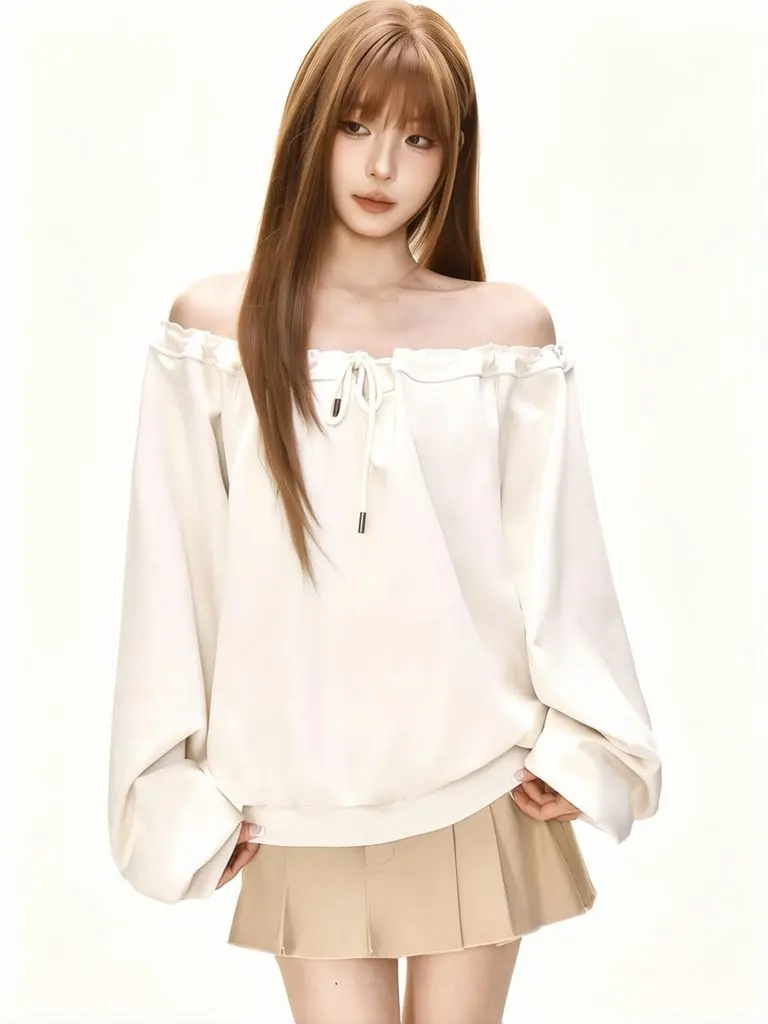 Sexy Designer Lace Up Oversized Off Shoulder Sweatshirt Tops Women Long Sleeve Drawstring Loose Hoodie Fall