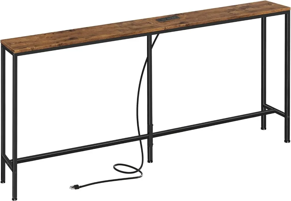 70 Inch Console Table with Outlet, Sofa Table with Charging Station, Narrow Entryway Table, Skinny Hallway Table