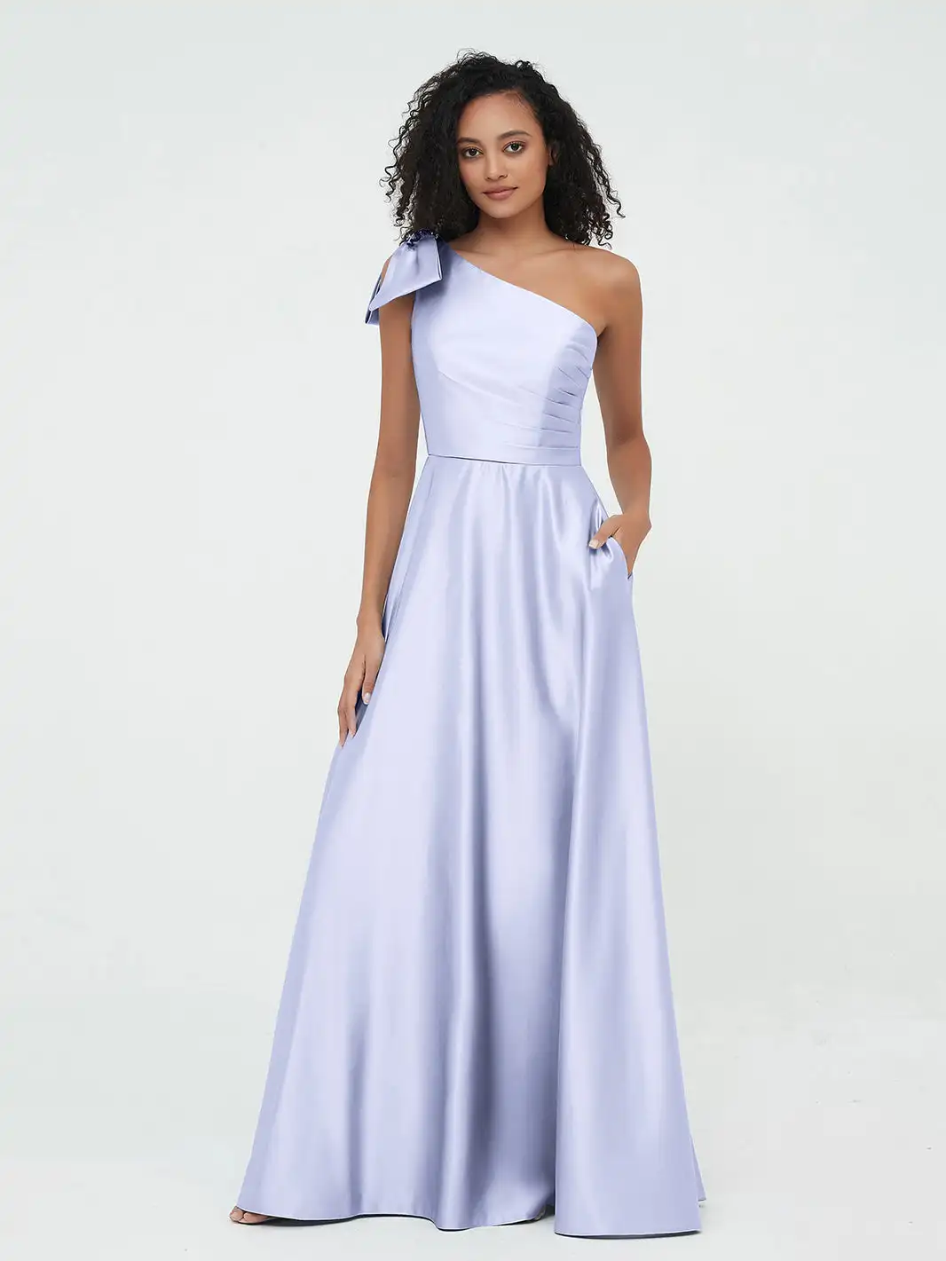 

One-Shoulder Long Satin Bridesmaid Dress for Wedding With Pockets Bow Pleated SleevelessCocktail Dresses A-line Evening Gowns