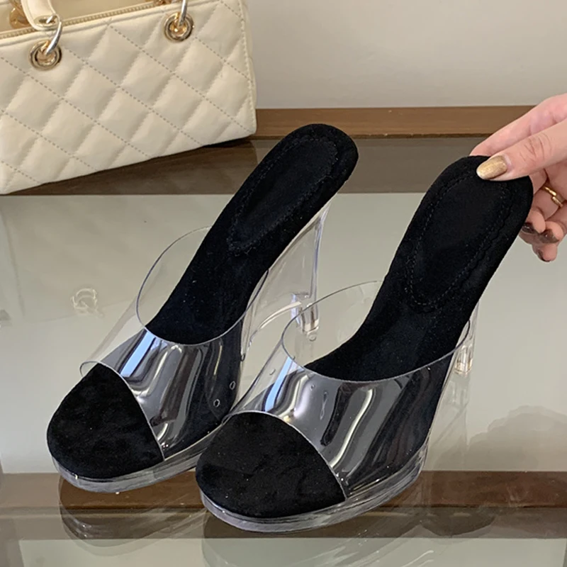 Liyke New Arrivals PVC Transparent Slippers For Women Open Toe Clear Platform Wedges Sandals Female Shoes High Heels Slides view 3