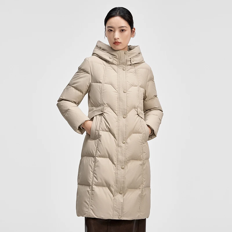 자카드 크로스 패턴의 체리콤 롱 후드 다운 재킷 양방향 지퍼 플래킷 방풍 커프스 및 사선 포켓 Y309181Y