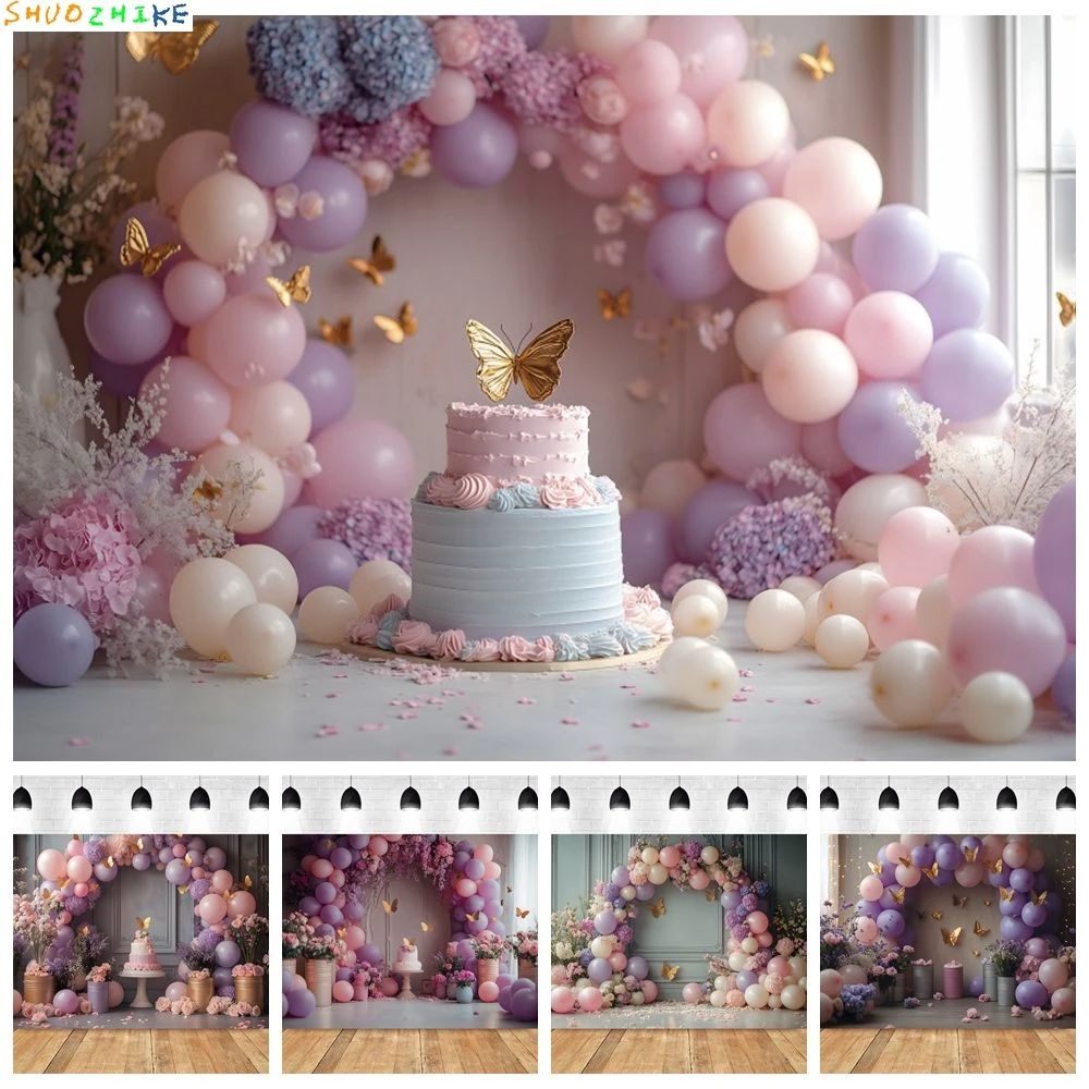 

Baby 1st Birthday Photography Backdrop Decor Butterfly Balloons Arch Cake Newborn Baby Shower Photo Background Photostudio Props