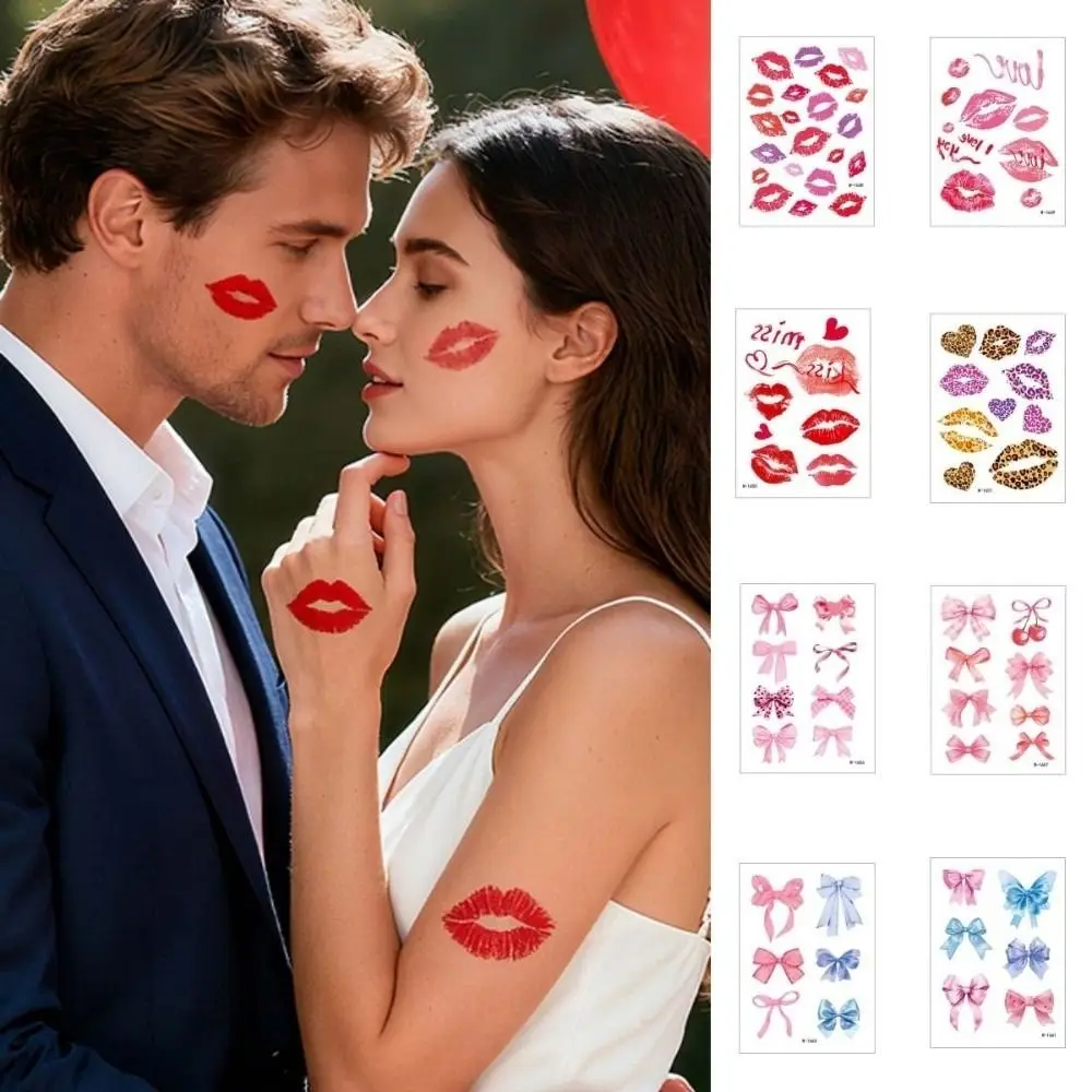 Waterproof Valentine Day Kiss Lip Stickers Disposable Leopard Print Lips Face Temporary Tattoos Funny Kiss Lip Shape