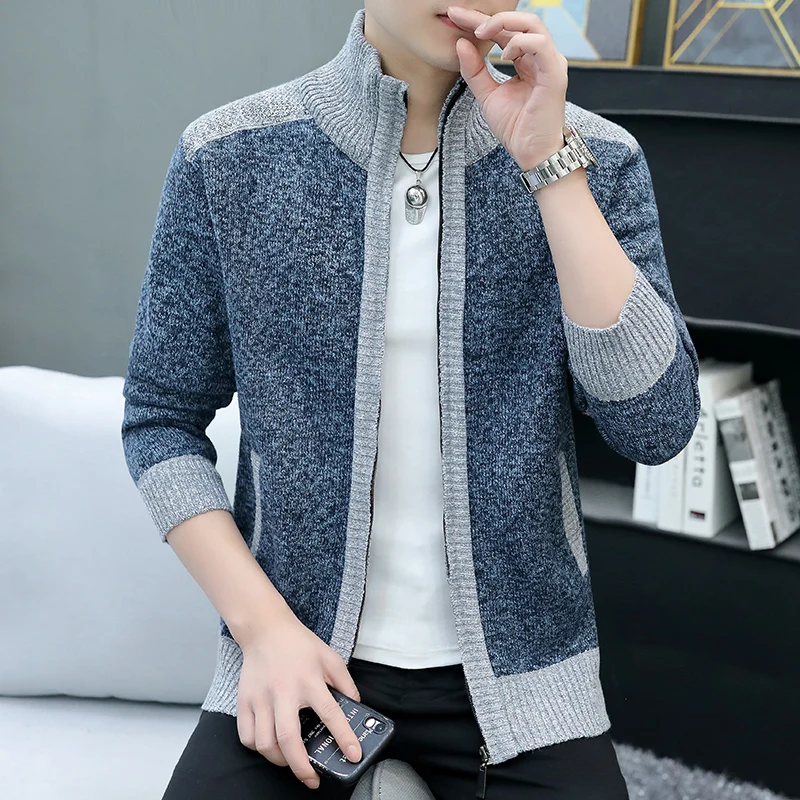 Cardigan de retalhos masculino com zíper, jaqueta de malha, casaco de suéter, retalhos, estilo coreano, outono, inverno, masculino, 8813