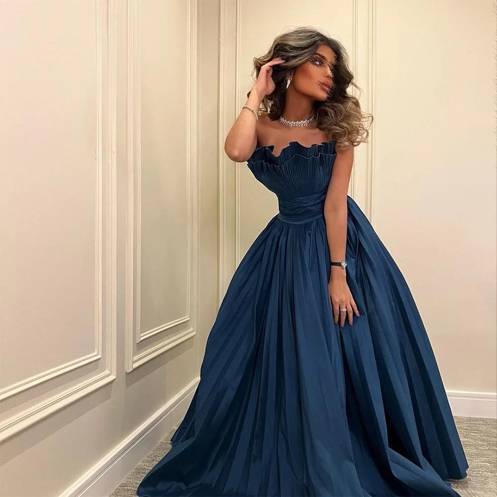 

Sevintage Blue Saudi Arabic Evening Dresses Sleeveless A-Line Pleat Ruched Prom Dress Dubai Women Wedding Party Gown 2023