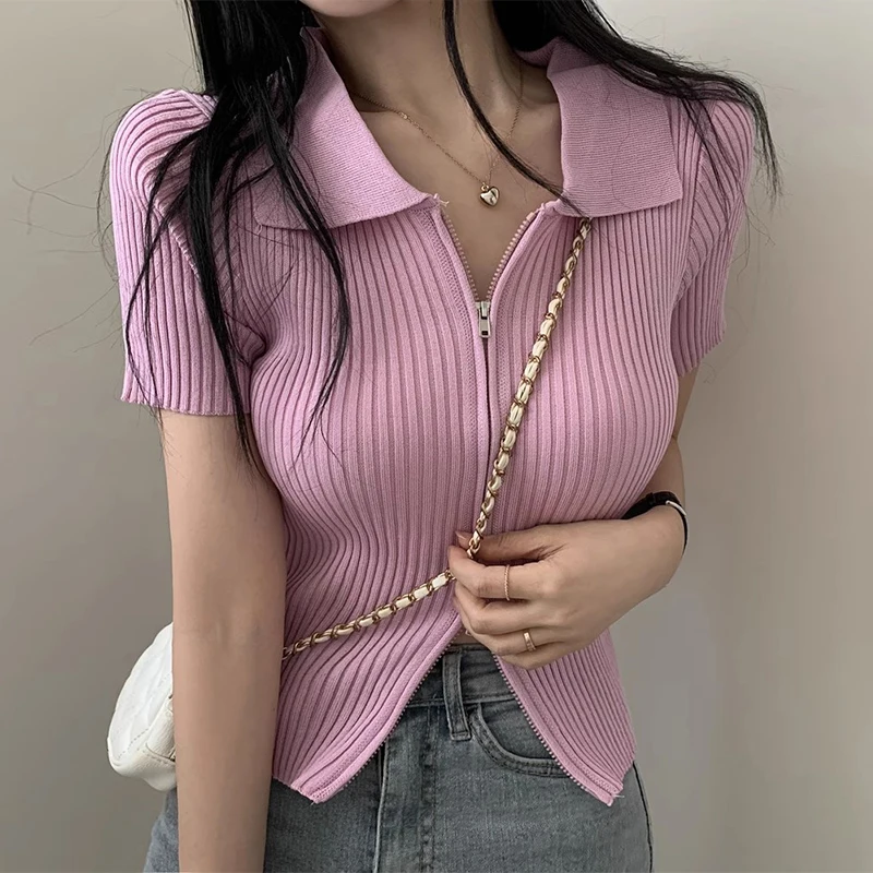 South korea Chic Summer New  Versatile Lapel Double Open Zip-up Slim fit Slimming Short sleeve knit Top Women