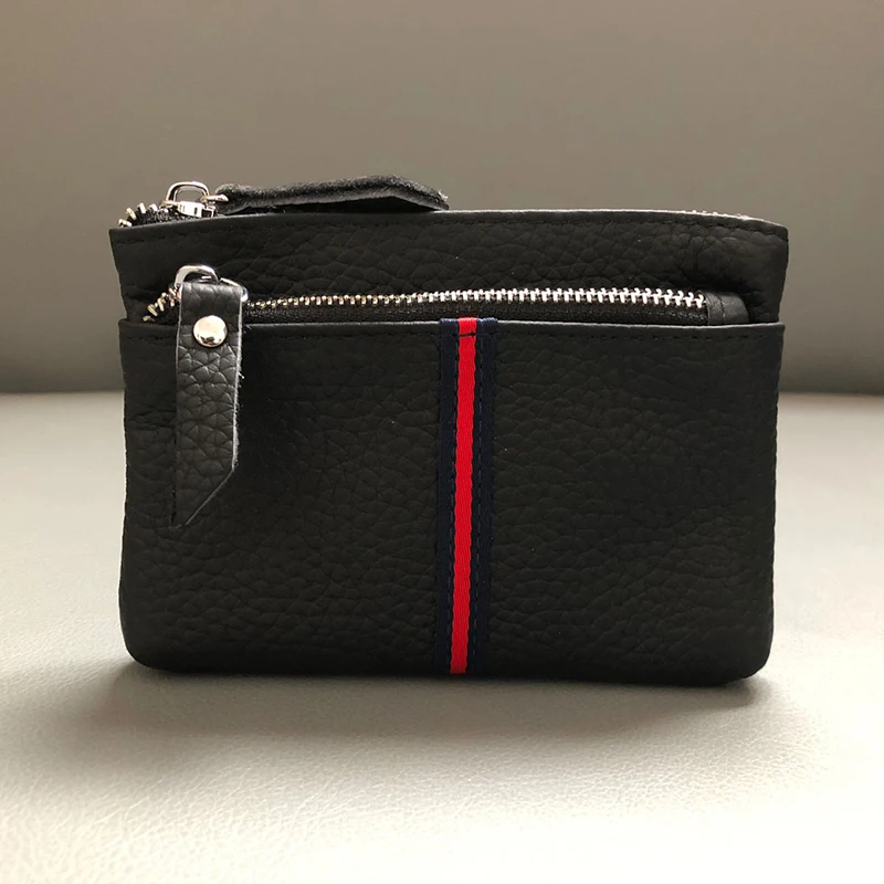 

Women Short Small Wallets Card Holder ID Bag Coin Purse Ladies Genuine Leather Female Double Zipper Key Ring Chain Money Bag New