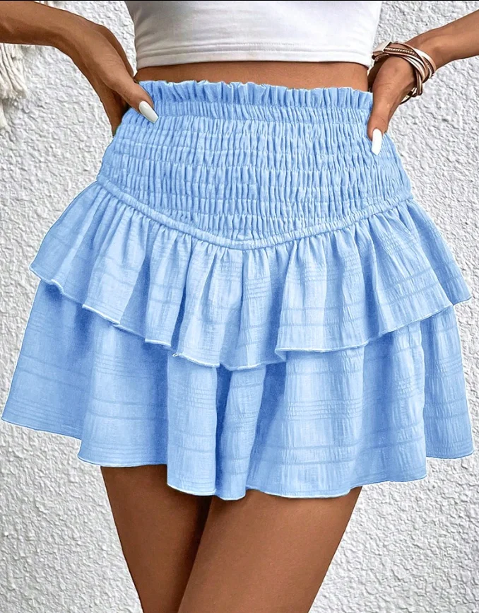 High Waisted Pleated Shirt Shorts Summer Solid Color Cute Girlish Style Layered Black Fungus Edge Elastic Waist Slim Fit Shorts