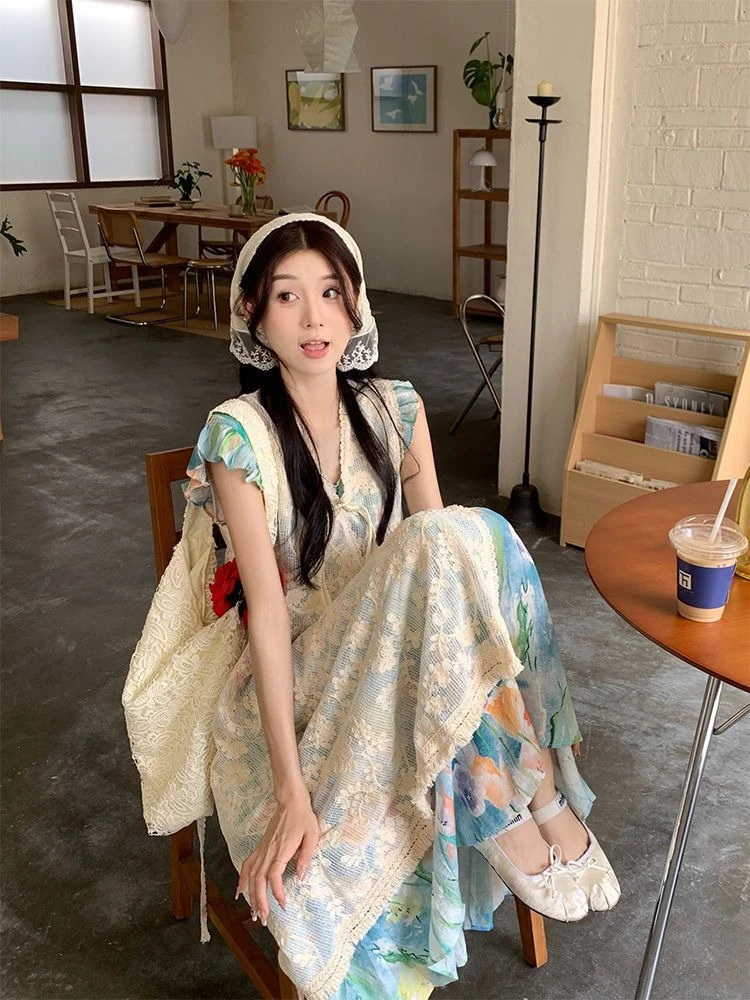 Y2k Vintage Two-Piece Dress Set Colorful Print Crochet Lace Cover-Up + Slip Dress Vacation Outfit Bohemian Women Spring Summer