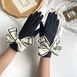 Korean Love Knitted Bow Cold Proof Full Finger Touch Screen Gloves For Women's Winter Plus Velvet Thicken Windproof Driving Warm