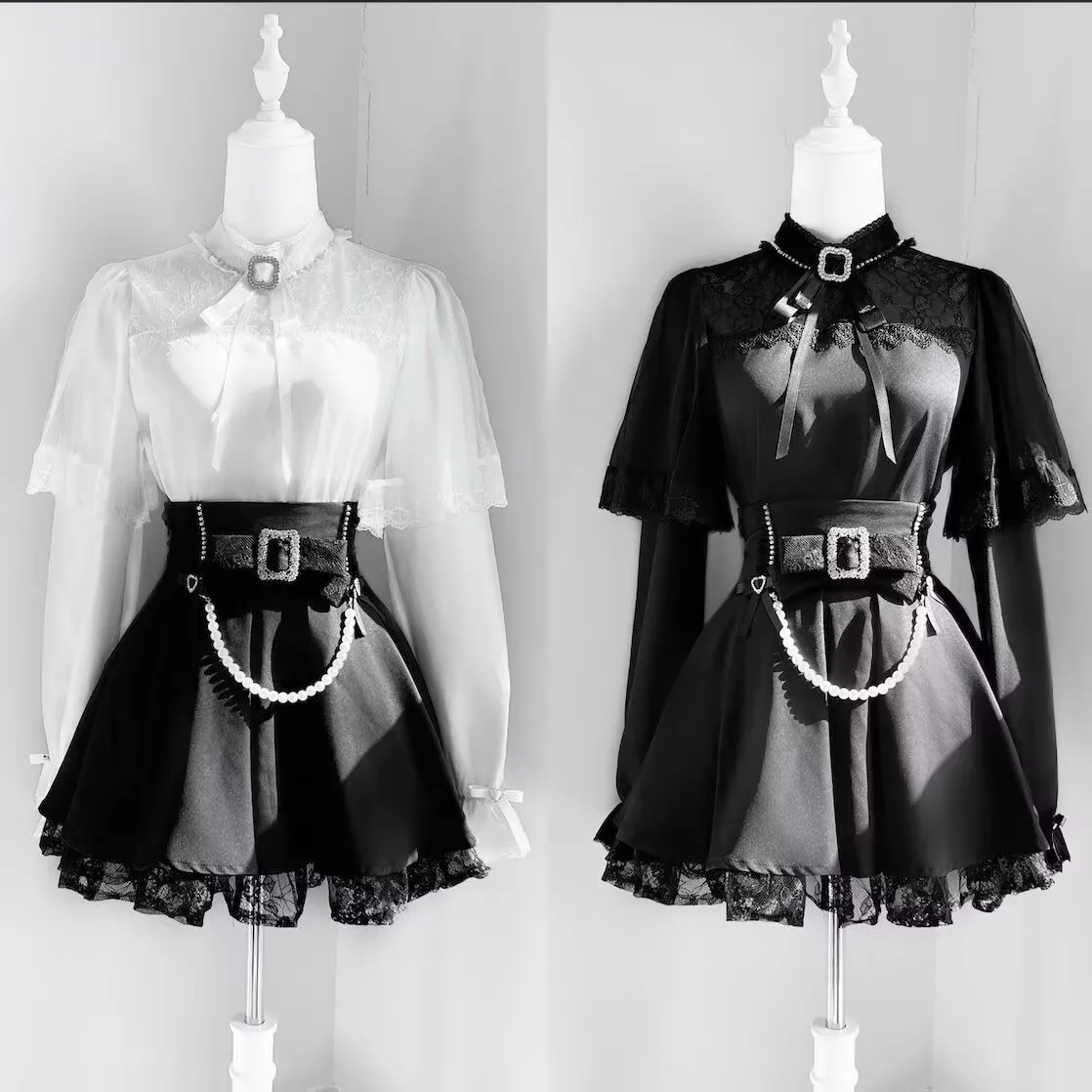 Gothic 2-teilige Röcke Sets Damen Outfits Lolita Süße Spitze Schleife Hemd Kawaii Perle Y2k Miniröcke Weibliche schlanke Rock Sets