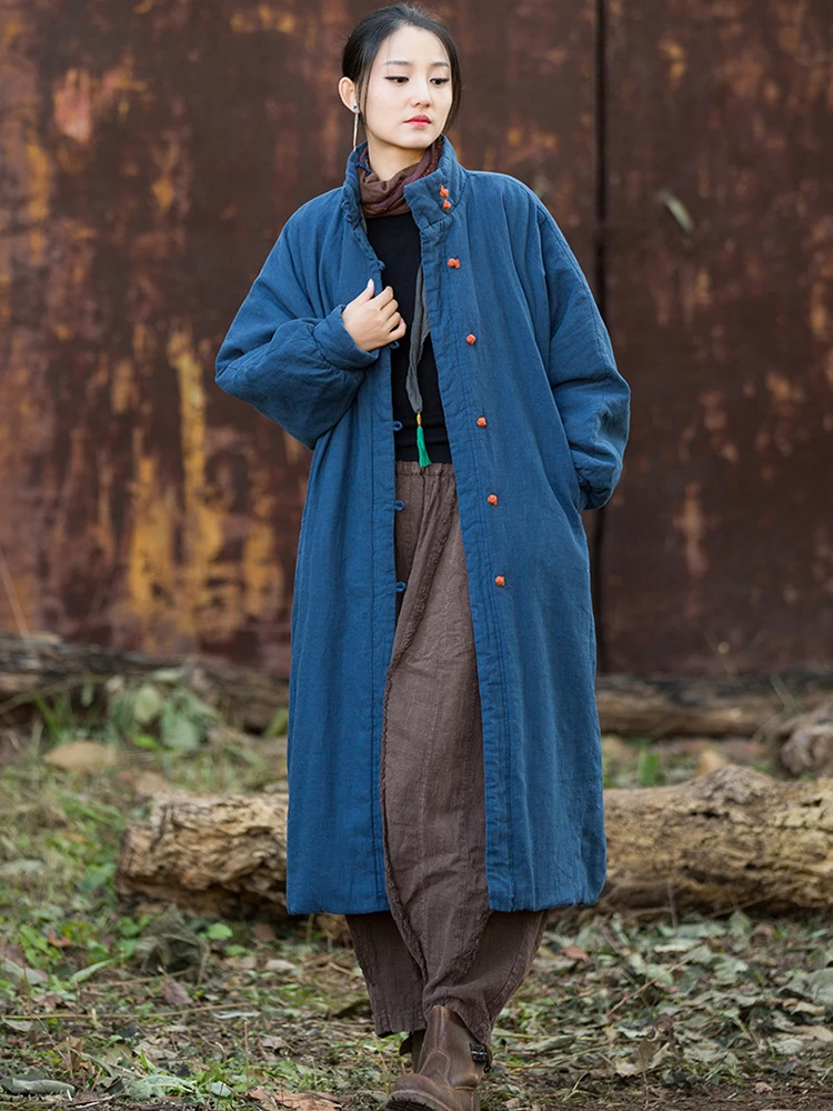 Women Cotton Linen Casual Parkas New Arrival 2025 Winter Chinese Style Vintage Solid Color Female Thick Warm Long Coats M2082