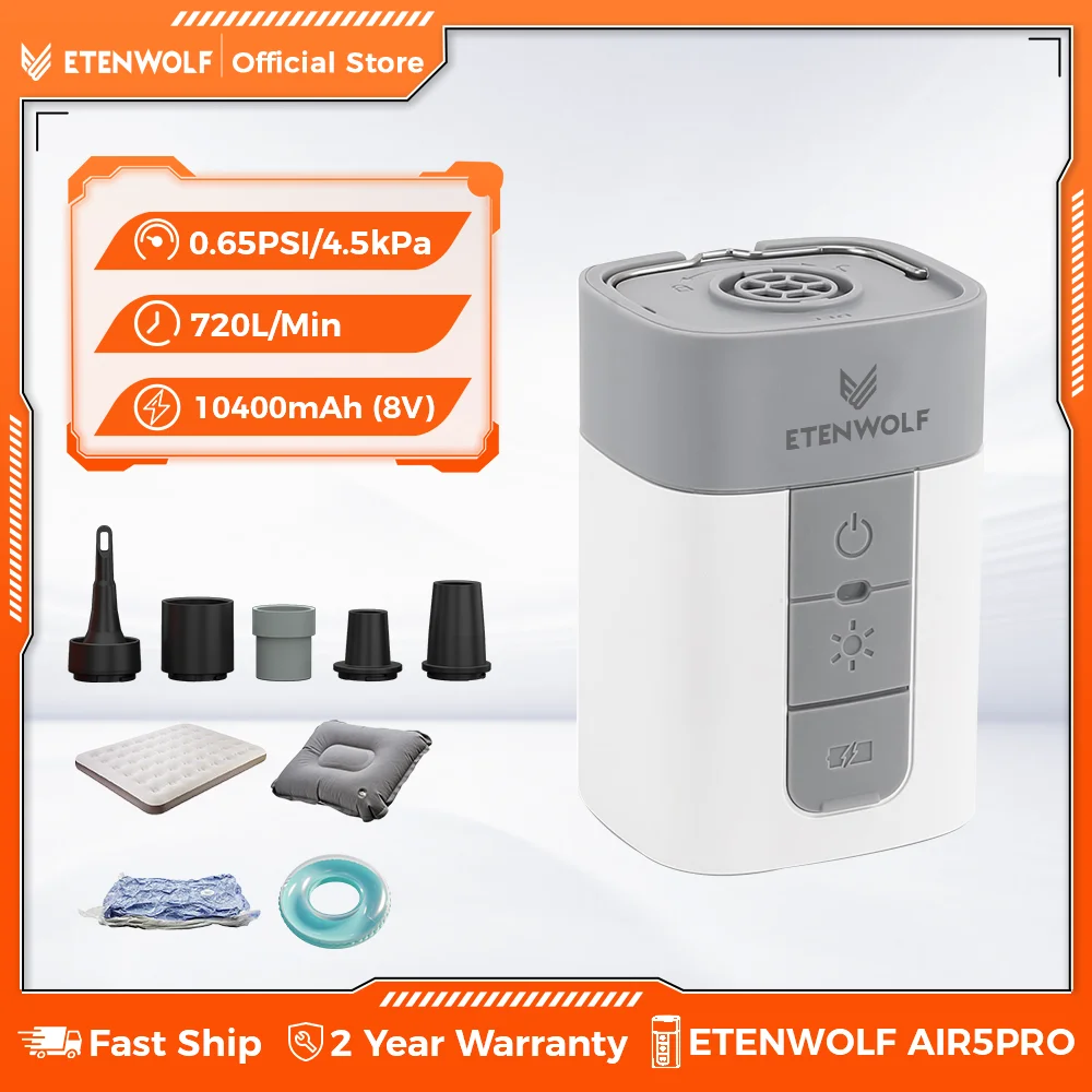 

ETENWOLF AIR 5 PRO Electric Air Pump 720 LPM 4X Quick 10400 mAh Inflator & Deflator Portable Air Pump for Pool Floats