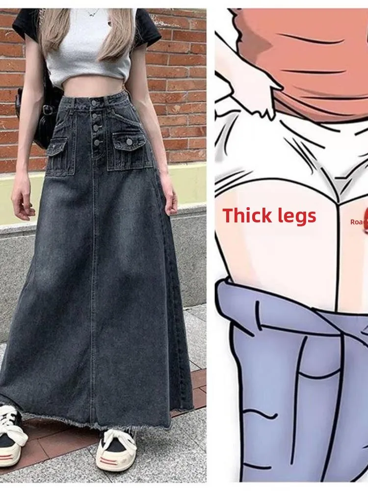 Loose A-Line Denim Skirt High Waist plus Size Design Sensation Small Audience Frayed  Spring Autumn Winter New Arrival