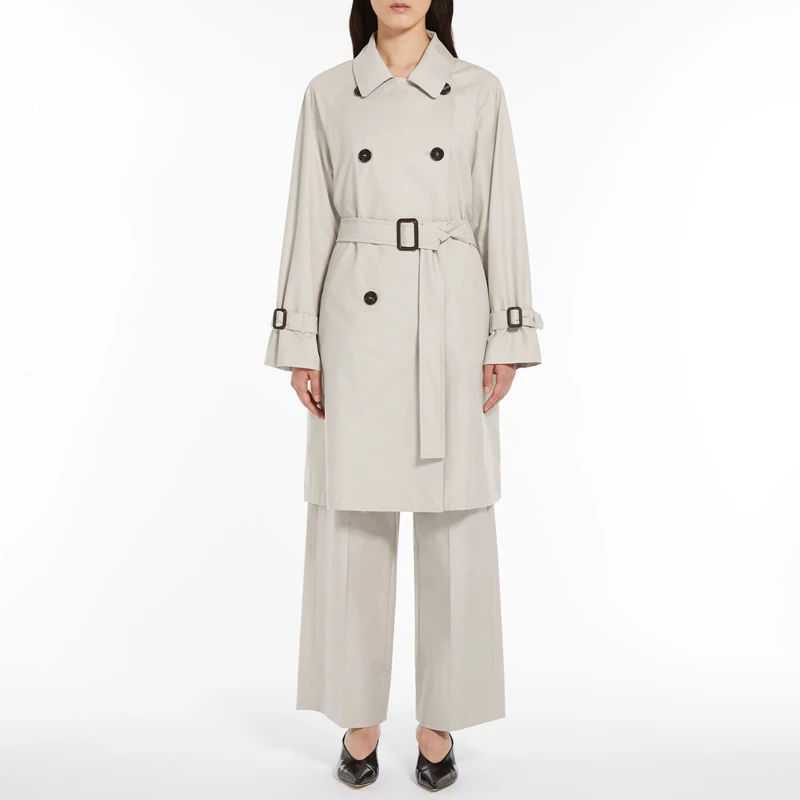 Elegante Trench da donna Beige-giacca a vento da lavoro in cotone antivento personalizzata medio-lunga doppiopetto