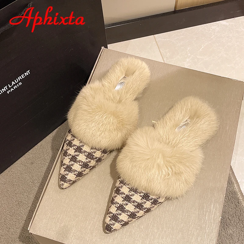 Aphixta Nieuwe Warme Winter Echt Konijnenbont Pluche Vrouwen Slippers Vogels Harige Plaid Schoenen Wees Teen Platte Hak Haar Slides